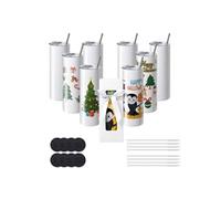 VEVOR Lot de 8 gobelets vierges à double paroi en acier inoxydable avec paille, couvercle, brosse, base, emballage rétractable, boîte cadeau, presse et transfert thermique, blanc, 600 ml