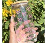 Gobelet transparent anti-fuite de 16 oz avec motif cœur rouge et lettres, design cœur mignon, convient pour le café glacé, comprend couvercle et paille, imprimé dans le style "canette de soda", léger 
