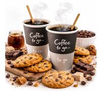 Gobelets à café en carton 240 ml (8 oz) gris et noir - Lot de 50 avec bâtonnets en bois - Gobelets jetables en carton