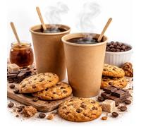 Gobelets à café en carton brun 240 ml (8 oz) - Lot de 50 avec bâtonnets en bois - Gobelets jetables en carton - Tasses à café