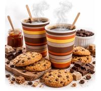 Gobelets à café en carton rayé 240 ml (8 oz) - Lot de 50 avec bâtonnets en bois - Gobelets jetables en carton - Tasses à café