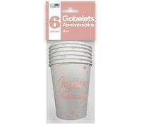 Gobelets en carton - Joyeux Anniversaire - 25cl - 2 Lots de 6 - Rose gold et blanc - Adultes