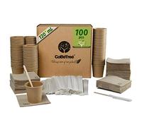 Gobelets en Carton Kraft 120 ml (4 oz) pour Café Expresso - Lot de 100 Tasses Jetables avec 100 Agitateurs en Bois (Emballage Individuel) et 100 Serviettes Recy s - Idéal Bureau et Réceptions