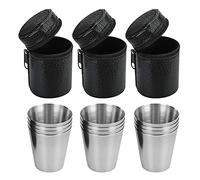 Gobesty Lot de 12 gobelets en acier inoxydable - Empilables - Avec 3 poches en cuir - Gobelets en acier inoxydable - Accessoire idéal pour flasque - Excellente idée cadeau