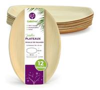 GoBeTree 12 Grands Plats Jetables Feuille de Palmier 38x25 cm pour Buffet | Grand plat jetable ovale pour servir en fête, buffet et traiteur, rigide et au veinage naturel similaire au bambou