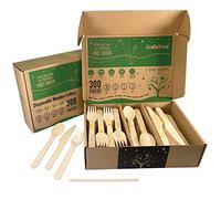 GoBeTree 200 Couverts Jetables Bois + 100 Bâtonnets Café. Pack Couteaux Cuillères Fourchettes Couvert Jetable Fête Anniversaire Traiteur Buffet Bois Naturel Agitateur