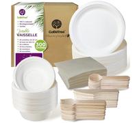 GoBeTree Vaisselle Jetable 300 Pcs 50 Personnes avec Assiettes et Bols | Kit Menu Complet : 50 Assiettes de 23 cm et 50 Bols de 500 ml en Canne à Sucre, 150 Couverts Bois et 50 Serviettes