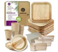 GoBeTree Vaisselle Jetable Feuille de Palmier 180 Pièces pour 25 Personnes | Kit Complet avec 30 Assiettes, 25 Gobelets Kraft, 75 Couverts en Bois et 50 Serviettes pour Anniversaire, Fête et Buffet