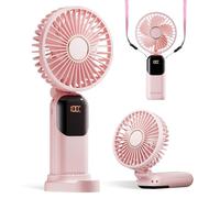 GOCKERA Ventilateur portable, 4200 mAh, fonctionnement à piles, 5 vitesses et affichage numérique, ventilateur de maquillage pour femme avec base, ventilateur portable 3 en 1 pliable à 180°,