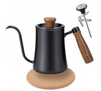 Gocoffun Bouilloire à bec verseur à col de cygne de 550 ml avec thermomètre, poignée en bois anti-chaleur, bouilloire à thé en acier inoxydable avec bec long et étroit (noir)