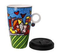 Goebel Romero BRITTO 66-453-11-1 Tasse d'artiste avec couvercle Pop Art Love en porcelaine fine, dimensions : 12 x 8,5 x 15 cm, multicolore