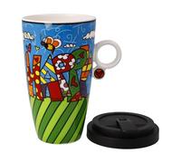 Goebel Romero BRITTO 66-453-12-1 Pop Art Happy Tasse d'artiste avec couvercle en porcelaine fine, dimensions : 12 x 8,5 x 15 cm