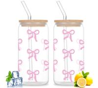 GOEDCH Gobelet en Verre avec Couvercle et Paille: Lot de 2 Verres Réutilisables, Ensemble Verre à Nœud Rose de Élégant en Forme de Canette pour Bubble Tea, Café Glacé, Cocktails, Smoothies