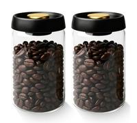 GOEDCH Lot de 2 récipients à café sous vide en verre de 1,8 l : récipients à café transparents hermétiques avec couvercle noir et bouton doré, récipient pour grains de café, thé, noix