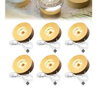 GOEDCH Lot de 6 socles lumineux LED : 8 × 8 × 2 cm, socle en bois L ED DIY avec lumière blanche chaude, réglage de la luminosité et port USB pour boules de cristal, blocs de verre, bijoux, plaques