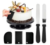 GOEDCH Plateau à gâteau rotatif : Plateau à gâteau de 27 cm, support tournant noir, tourtière avec 2 spatules à glace et 3 racleurs à pâte, plateau tournant pour la cuisson de pâtisseries, décoration
