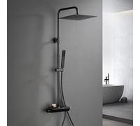 JOHORegendusche Kit de douche avec robinetterie Système de douche complet en acier inoxydable avec thermostat Douche à main barre de douche noir mat (3030MB)