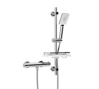 Görbach Colonne de Douche avec Mitigeur Thermostatique, Ensemble de Douche en Acier inoxydable avec Douchette et Tuyau, Barre de Douche 70 cm avec Étagère de Douche Chromé