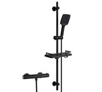 Görbach Colonne de Douche avec Mitigeur Thermostatique, Ensemble de Douche en Acier inoxydable avec Douchette et Tuyau, Barre de Douche 100 cm avec Étagère de Douche Noir