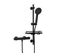 Görbach Colonne de Douche avec Mitigeur Thermostatique, Ensemble de Douche en Acier inoxydable avec Douchette et Tuyau, Barre de Douche 70 cm avec Étagère de Douche, Noir