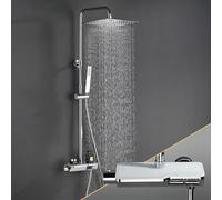 Görbach Colonne de douche avec robinetterie, acier inoxydable système de douche avec barre de douche réglable hauteur, pommeau pluie 30x30 cm et mitigeur thermostatique, Chromée
