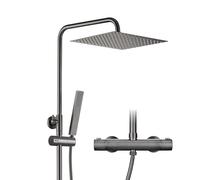 Görbach Colonne de douche avec thermostat, robinet de douche, kit complet de douche à effet pluie, barre de douche en acier inoxydable, pommeau de douche 25 x 25 cm, Gris gunmetal brossé