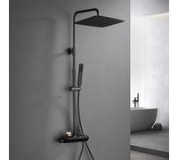 Görbach Colonne de Douche avec thermostatique, Acier inoxydable système de douche avec robinetterie, pommeau de douche, douchette à main, barre de douche Noir mat (3525MB)