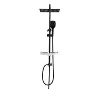 Görbach Colonne de douche en acier inoxydable sans mitigeur robinet, Ensemble de douche pluie avec barre de douche réglable en hauteur, pommeau 25x25 cm et étagère de douche noir