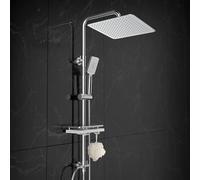 Görbach Colonne de Douche Pluie sans Robinet en acier inoxydable Chromée Ensemble de Douche Murales Réglables Système Pluie avec Pommeau de douche, Étagère et Douchette (25x25 cm)