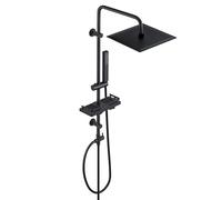 Görbach Colonne de Douche sans Robinet en acier inoxydable, Ensemble de Douche Murales Réglables avec Pommeau de douche Effet Pluie, Étagère et Douchette 25x25 cm Noir