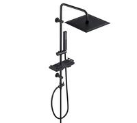 Görbach Colonne de Douche sans Robinet en acier inoxydable, Ensemble de Douche Murales Réglables avec Pommeau de douche Effet Pluie, Étagère et Douchette 30x30 cm Noir