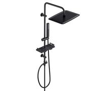 Görbach Colonne de Douche sans Robinet en acier inoxydable, Ensemble de Douche Murales Réglables avec Pommeau de douche Effet Pluie, Étagère et Douchette 35x25 cm Noir