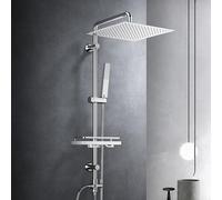 Görbach Colonne de douche sans robinetterie, acier inoxydable système de douche avec barre de douche réglable hauteur, pommeau pluie 30x30 cm et étagère, Chromée
