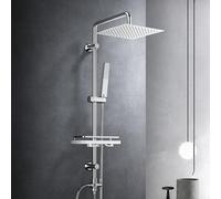 Görbach Colonne de douche sans robinetterie, acier inoxydable système de douche avec barre de douche réglable hauteur, pommeau pluie 25x25 cm et étagère, Chromée