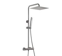 Görbach Système de douche thermostatique avec robinet, Ensemble de Douche pluie, Colonne de Douche acier inoxydable avec barre de douche, XXL pommeau de douche carré 30 x 30 cm Gris gunmetal brossé
