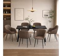 Goeurvant Ensemble Table Salle à Manger et 6 Chaises, Moderne Rectangulaire Table 160x80cm, Chaises Marron Moka en Tissu Effet Lin, Ensemble Set de Repas 7 Pièces pour Salon, Cuisine