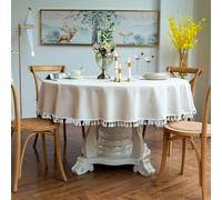 GOEXCPL Nappe Ronde en Coton et Lin avec Franges, Beige Diamètre 240 cm, Convient aux Tables Rondes de 170-190 cm de diamètre