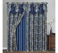 GOHD Royal Rosarium Lot de 2 Rideaux de fenêtre en Voile Jacquard avec cantonnière Fantaisie et Envers en Taffetas Bleu Ciel Nocturne 137 x 213 cm