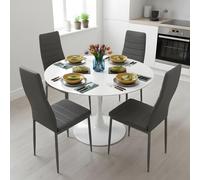GOKHOMX Ensemble Table a Manger Ronde de 110 cm avec 4 Chaises, Ensemble Table et Chaises Salle a Manger en Similicuir Gris, pour Cuisine Salle à Manger Salon Bureau et Restaurant (Blanc + Gris)