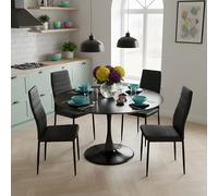 GOKHOMX Ensemble Table a Manger Ronde de 110 cm avec 4 Chaises, Ensemble Table et Chaises Salle a Manger en Similicuir Noir, pour Cuisine Salle à Manger Salon Bureau et Restaurant (Noir)