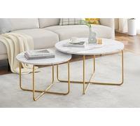 GOKHOMX Table Basse Gigogne Ronde,Lot de 2 Table d'appoint Moderne Ronde Marbre Imitation,Cadre en Métal Doré,adaptée au Salon,à la Chambre,au Balcon,Ø 80 et Ø 60 cm,Supporter 50KG