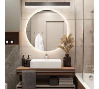 GOLD&CHROME UNIQUE DESIGN Miroir Mural en Cristal, Rond, Ø50 cm, 5630 SMD LED Ruban Résistant à l'eau, IP67, CCT Blanc Neutre, 18 W/MB, Résistant à L'humidité, 2,2 kg, Deux Façons d'alimentation