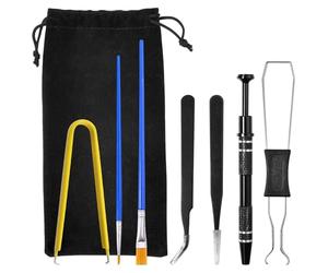 GOLD DEER Kit d'outils de clavier mécanique 9 pièces 2 en 1 - Extracteur de touches et d'interrupteur IC - Pince de précision à 4 mâchoires - 2 brosses de détail droites et incurvées - Pochette de