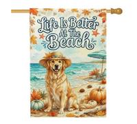 Golden Retriever Beach Drapeau de maison avec citation d'automne 71 x 101 | Décoration côtière, drapeau de pelouse, thème de la récolte d'automne, cadeau pour amoureux des chiens