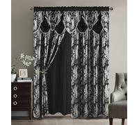 Golden Rugs Jana Rideau de fenêtre de Luxe en Jacquard avec cantonnière attachée et Revers pour Chambre à Coucher, Salon, Salle à Manger Noir 284,5 x 213,4 cm