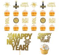 Goldene 2026 Silvester Cupcake Topper, Décoration de Fête pour Adultes, Happy New Year Cake Topper pour Réveillon du Nouvel An 2026, Lot de 14