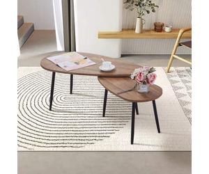 GOLDFAN Set de 2 Tables basses rondes en bois Moderne Table de salon Table d'appoint Set de table en bois Salon Table basse ovale Marron
