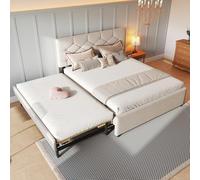Goldicoo Lit capitonné 140 x 200 cm en velours beige avec sommier à lattes et coffre à roulettes, sans matelas, minimaliste, MDF, 211 x 152 x 104 cm