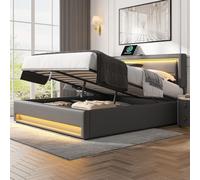 Goldicoo Lit capitonné avec port USB, éclairage LED et espace de rangement, 160 x 200 cm, motif de litchi en polyuréthane, gris, chargement sans fil et filaire, télécommande avec 12 couleurs
