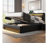 Goldicoo Lit capitonné avec port USB, éclairage LED et espace de rangement, 160 x 200 cm, motif de litchi PU, noir, chargement sans fil et filaire, télécommande 12 LED colorées